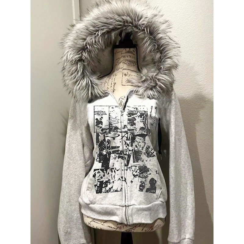 Women'S Fashion Zip Up Hoodies - 그레이 가짜 모피 울 더블 지퍼