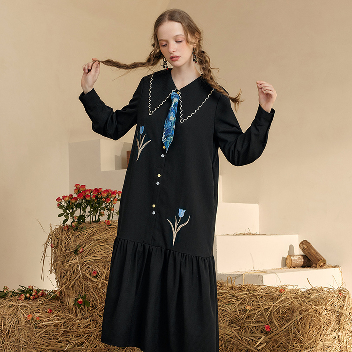 Women'S Fashion Petite - 향기로운 나뭇가지 프린트 자수 드레스 -