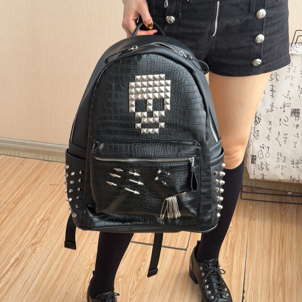 Trend Women Fashion - 오리지널 블랙 악어 패턴 해골 리벳