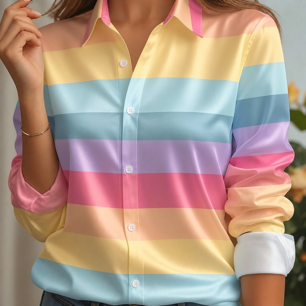 Trend Women Fashion - 여성용 새틴 라펠 칼라 셔츠 파스텔