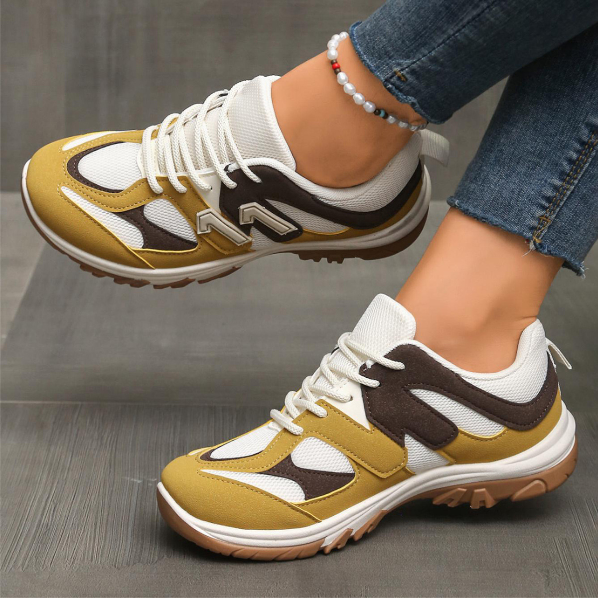 Women'S Yellow Fashion Sneakers - 패션 그레이 옐로우 믹스 컬러 논슬립