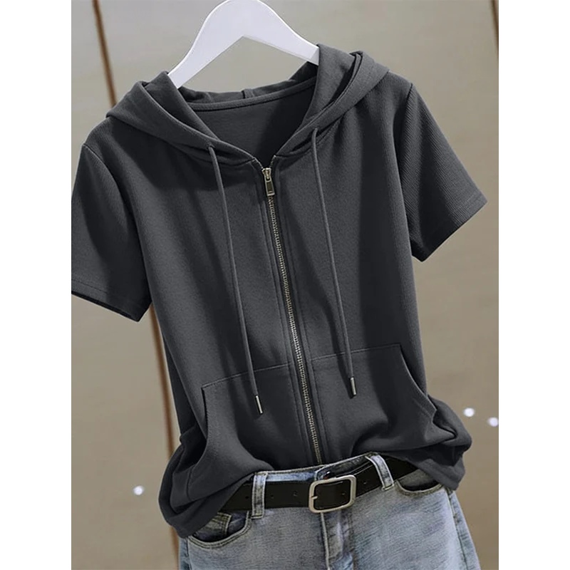 여성 여름 지퍼업 반소매 후디, 면 플러스 사이즈 루즈 - Women'S Fashion Zip Up Hoodies 리뷰 및 가격