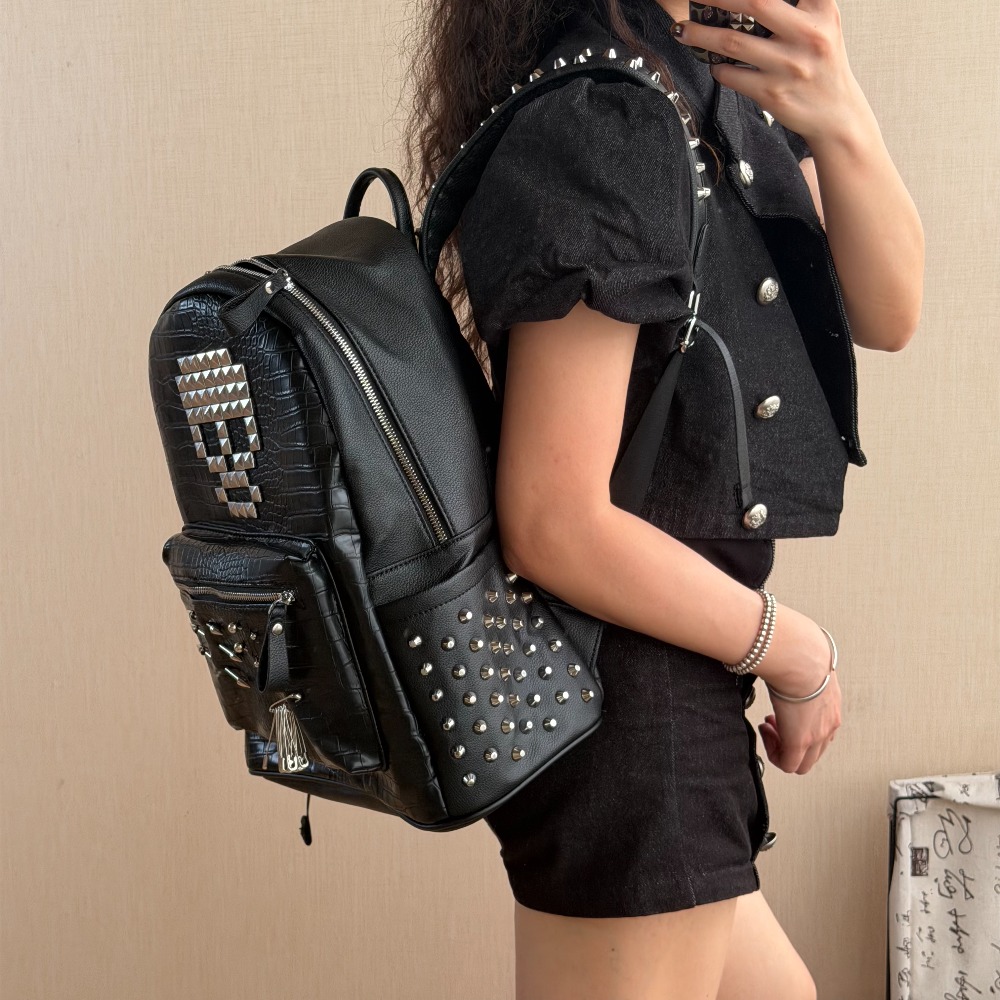 오리지널 블랙 악어 패턴 해골 리벳 백팩 핀 장식 스트 - Trend Women Fashion 리뷰 및 가격