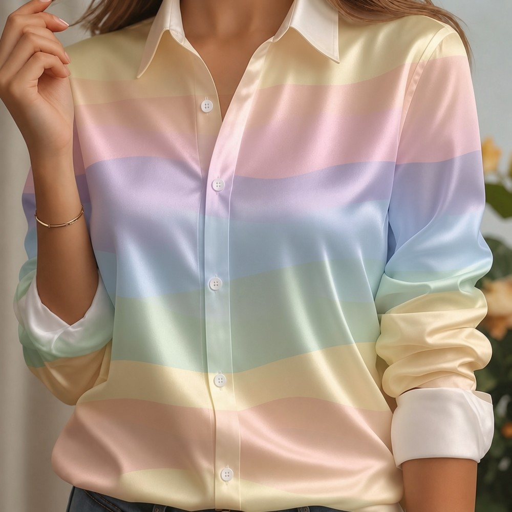 여성용 새틴 라펠 칼라 셔츠 파스텔 스트라이프 프린트  - Trend Women Fashion 리뷰 및 가격