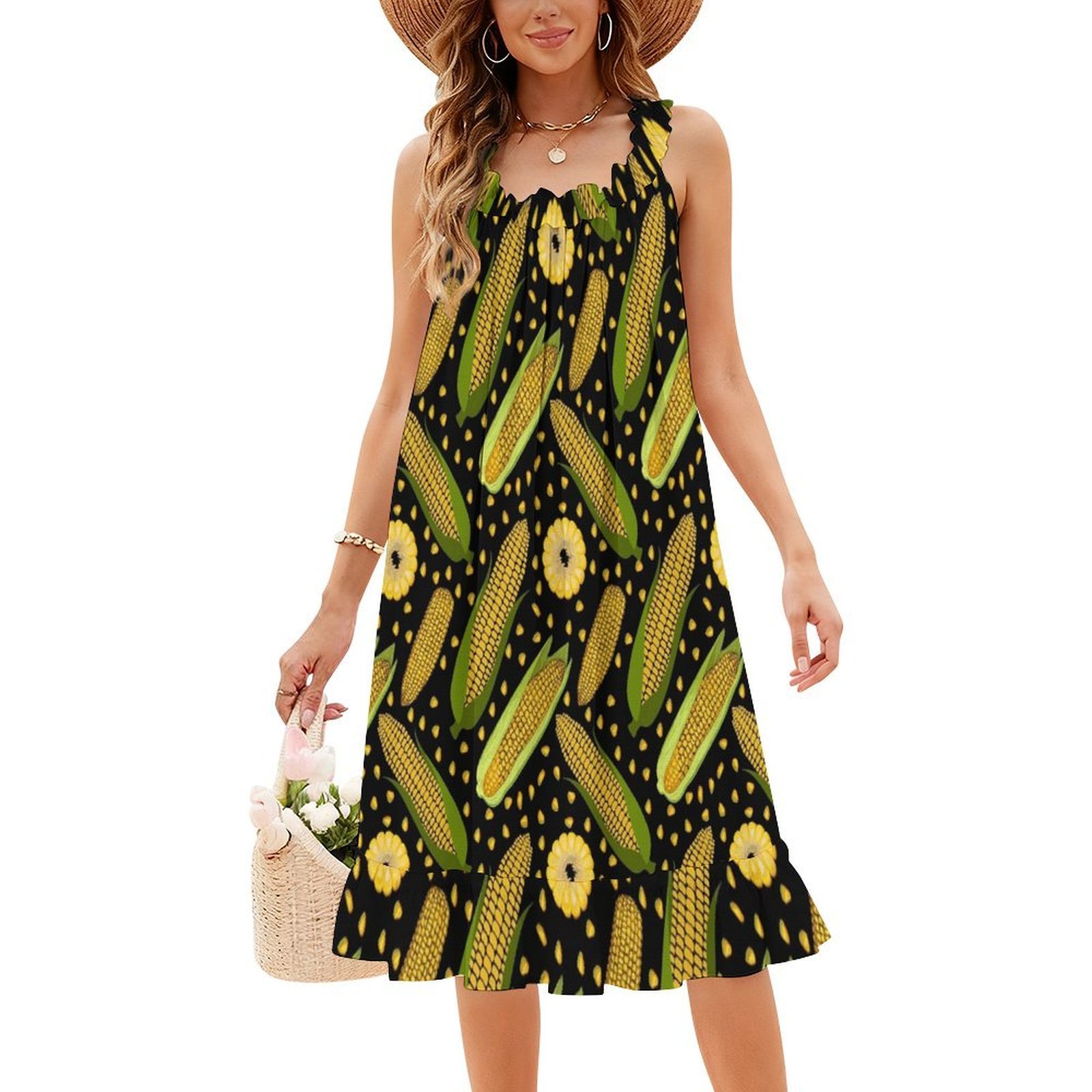 여성을위한 옥수수 패턴 꽃무늬 작업복 드레스 봄 여름  - Smocked Dress Women 리뷰 및 가격