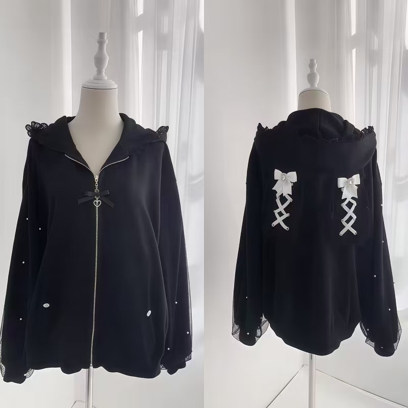 여성 겨울 토끼 귀 로리타 후드 재킷 달콤한 붕대 레이 - Women'S Fashion Zip Up Hoodies 리뷰 및 가격