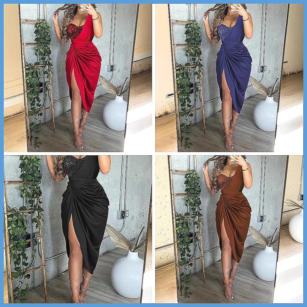 여성용 스팽글 원숄더 슬릿 롱 드레스, 우아한 스모크  - Smocked Dress Women 리뷰 및 가격