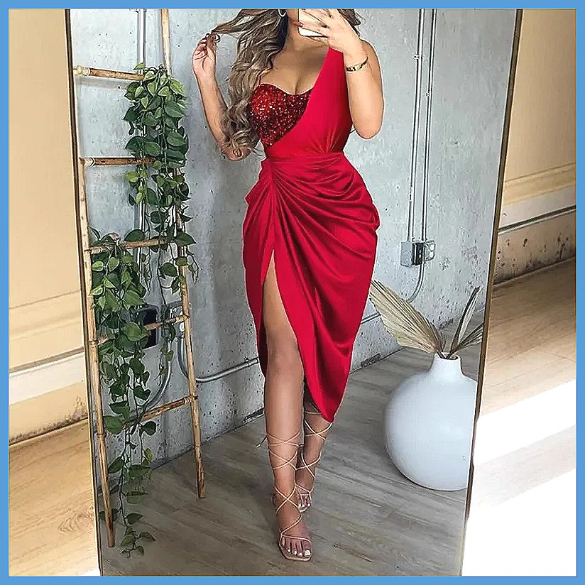 여성용 스팽글 원숄더 슬릿 롱 드레스, 우아한 스모크  - Smocked Dress Women 리뷰 및 가격