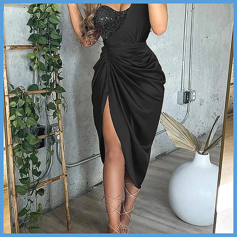 여성용 스팽글 원숄더 슬릿 롱 드레스, 우아한 스모크  - Smocked Dress Women 리뷰 및 가격